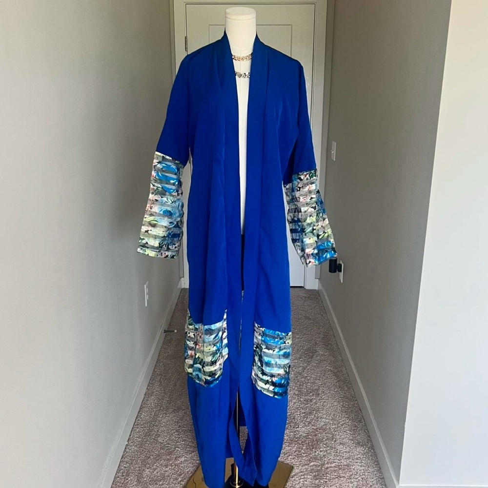 Blue Long Kimono with Patterned Sleeves